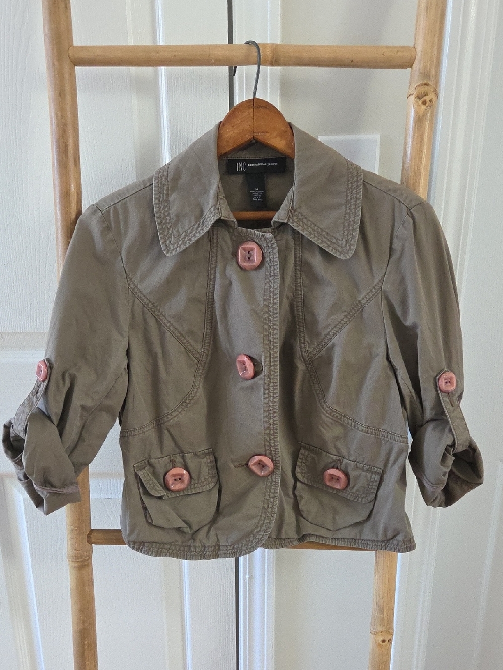 INC International Concepts Taupe Cotton Crop Jacket with Rose Buttons Medium